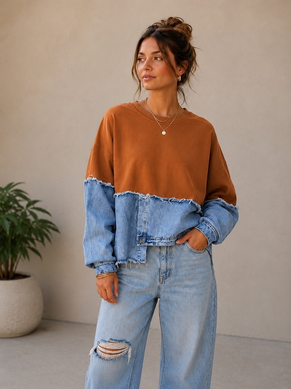 Two-Tone Rust & Light Denim Pullover Sweatshirt - NWOT